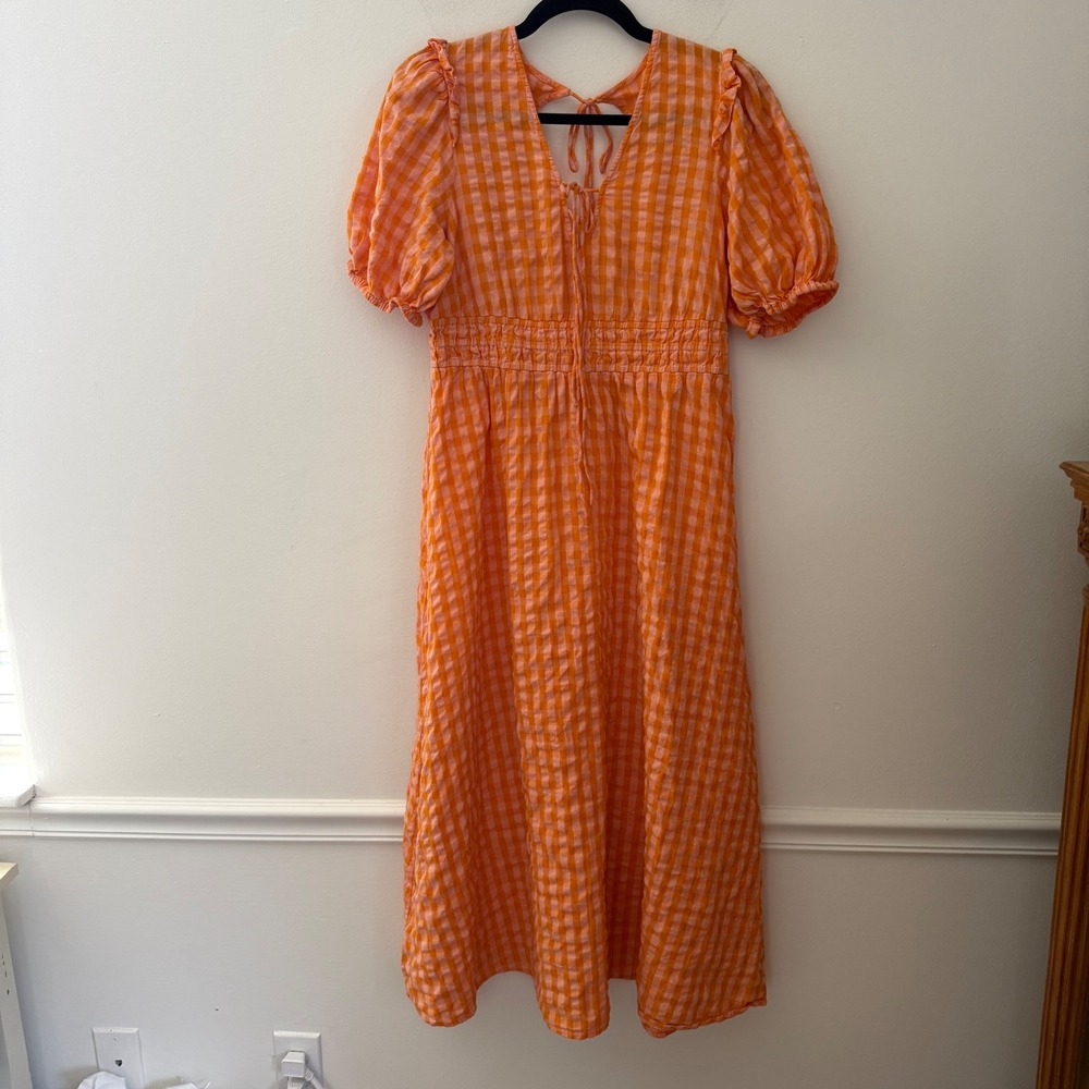 Nobodys Child Orange Pink Gingham Midi Dress Puff Sleeve Open Back Cotton US 8